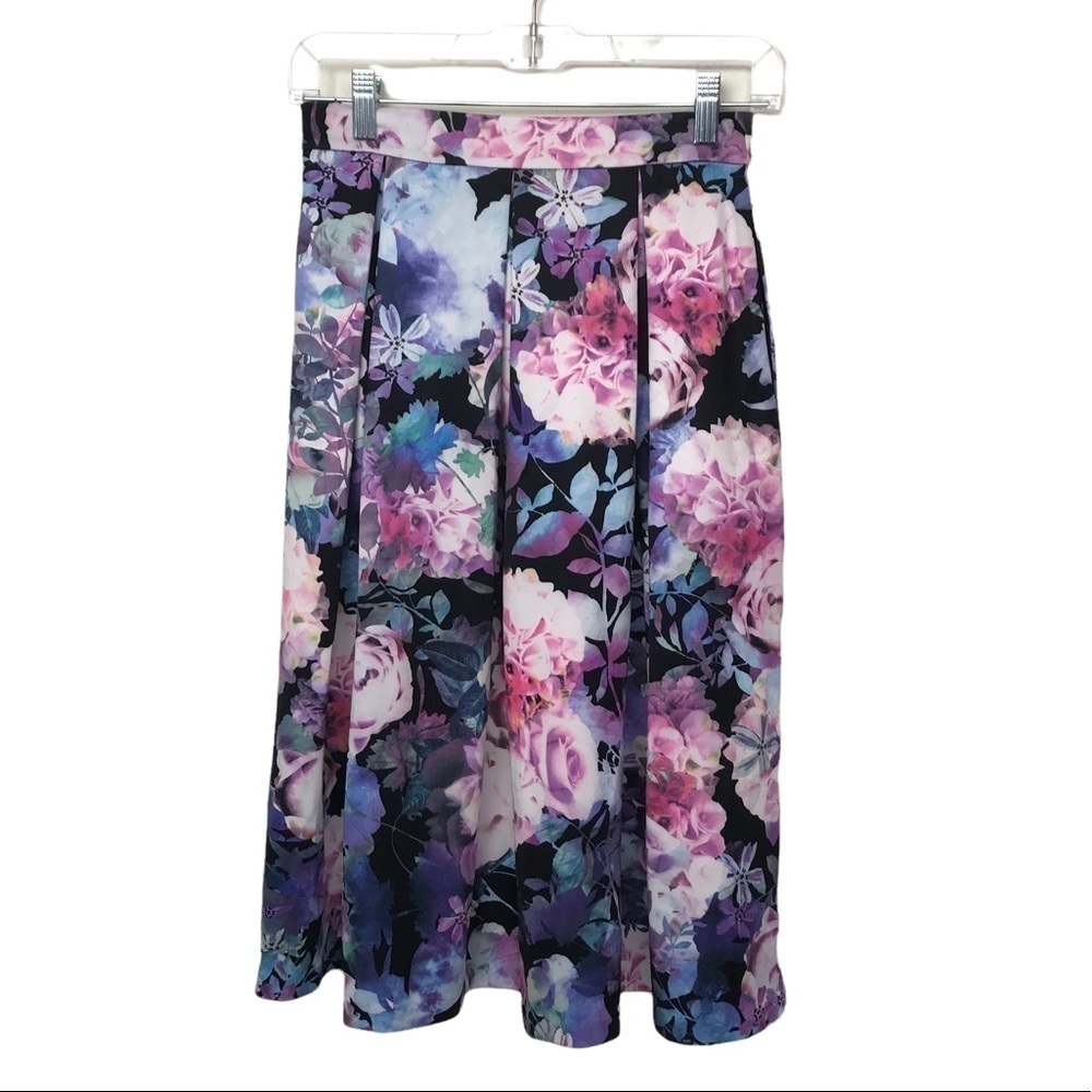 New York & Company Purple Pink Floral Midi Skirt Size 0